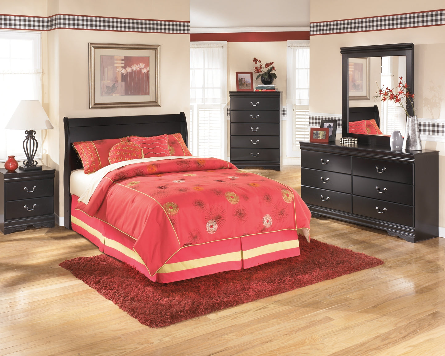 Huey Vineyard Full Sleigh Headboard with Mirrored Dresser, Chest and 2 Nightstands