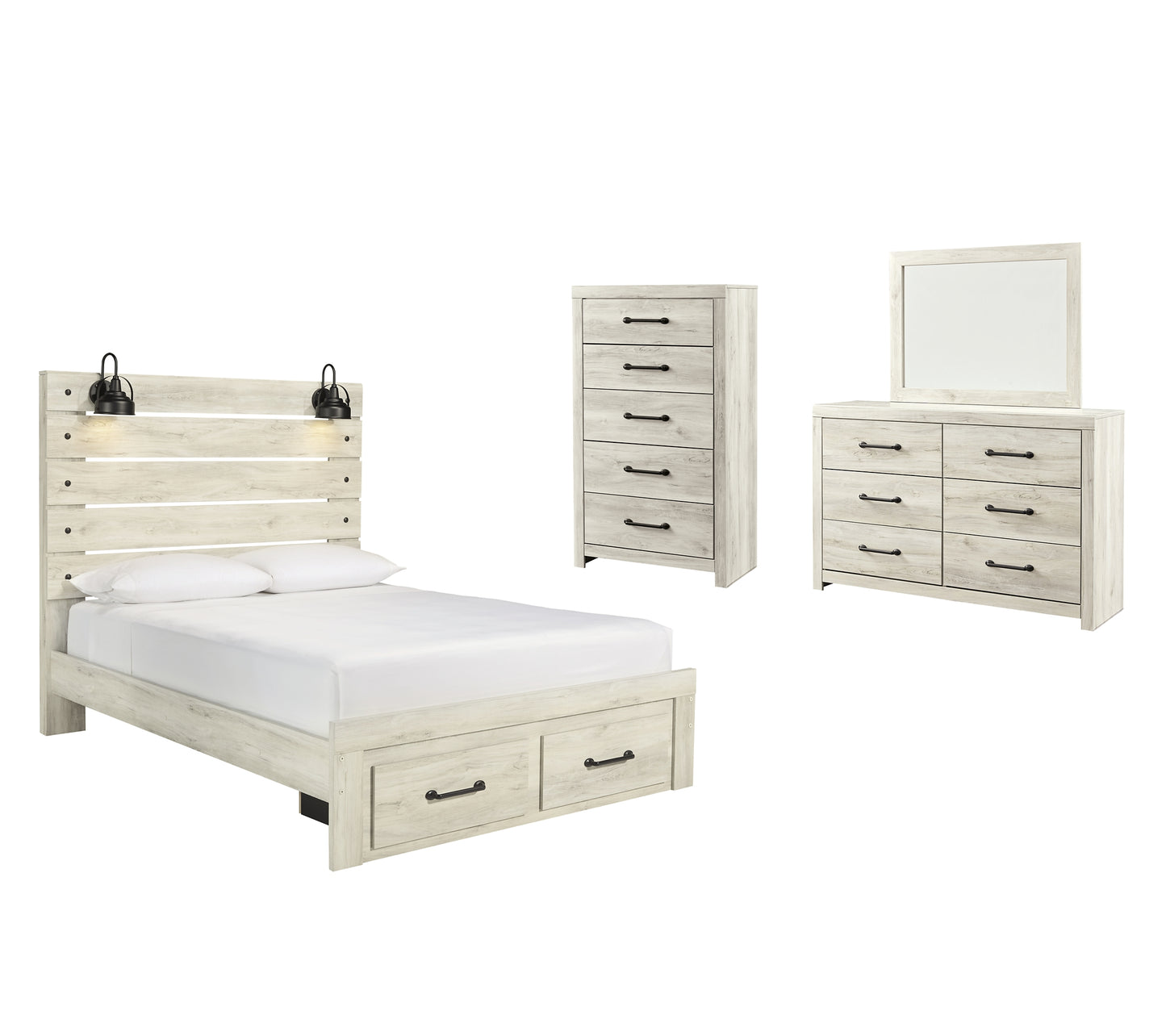 Cambeck  Panel Bed With 2 Storage Drawers With Mirrored Dresser And Chest