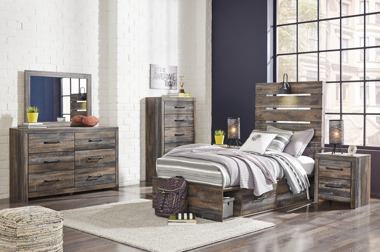 Drystan Twin Panel Headboard with Mirrored Dresser, Chest and Nightstand