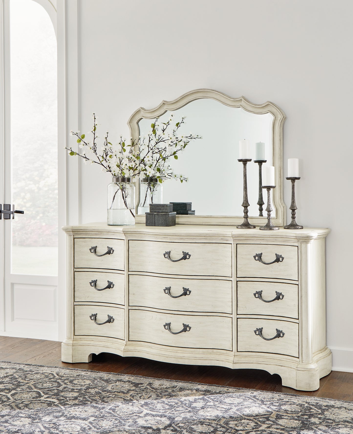 Arlendyne California King Upholstered Bed with Mirrored Dresser, Chest and Nightstand