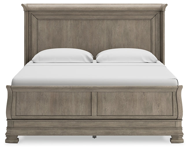 Lexorne California King Sleigh Bed with Mirrored Dresser and Chest