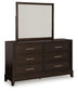 Neymorton Queen Upholstered Panel Bed with Mirrored Dresser, Chest and Nightstand