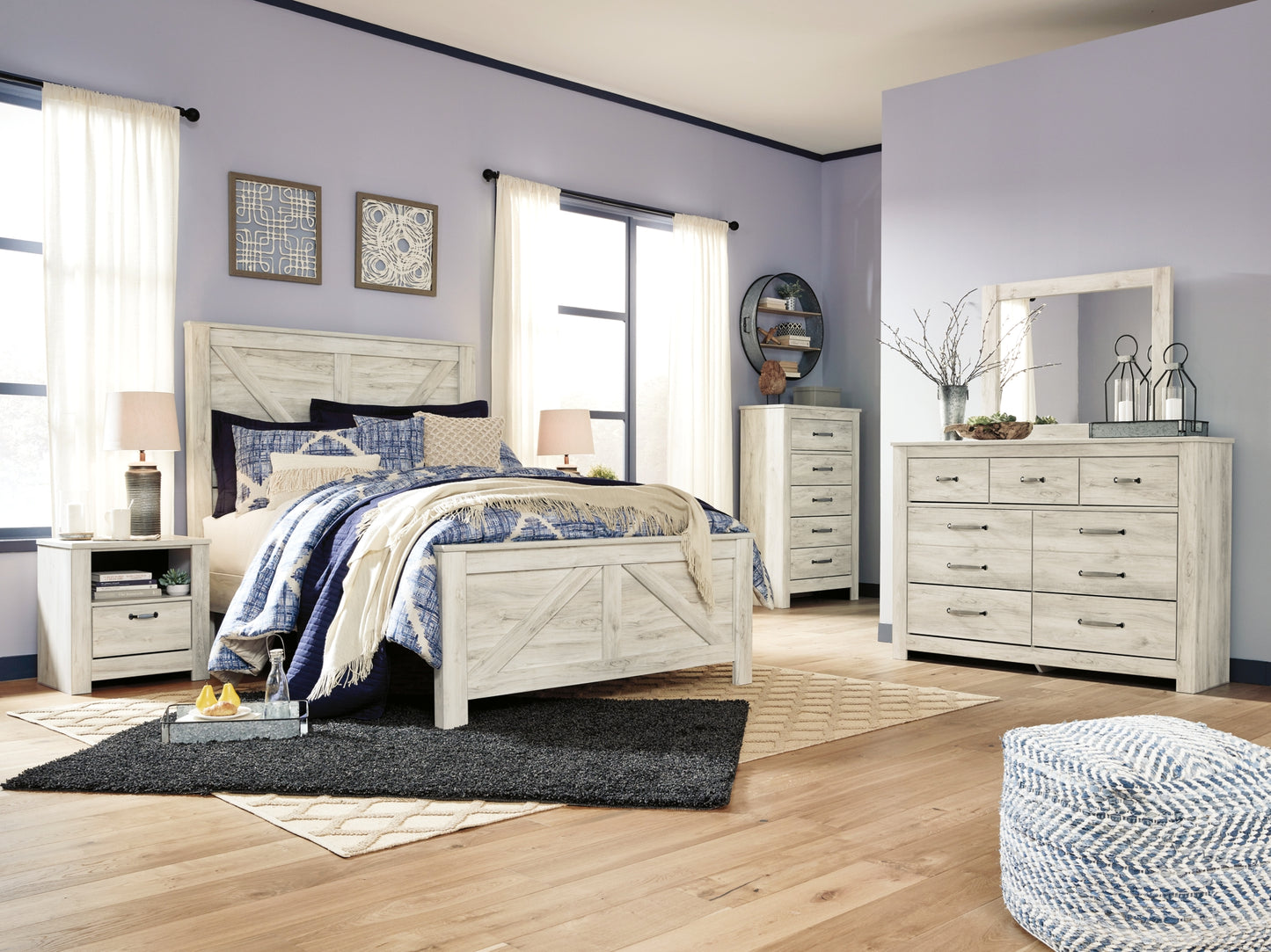 Bellaby  Crossbuck Panel Bed With Mirrored Dresser, Chest And Nightstand